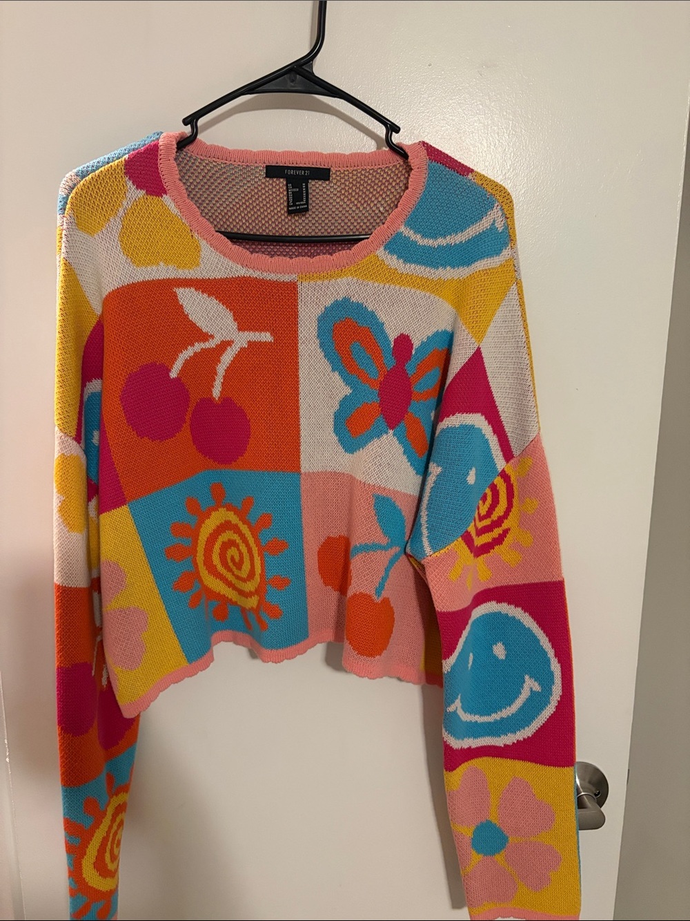 Forever 21 Bright Graphic Cropped Sweater - Pink, Orange, Blue, Yellow